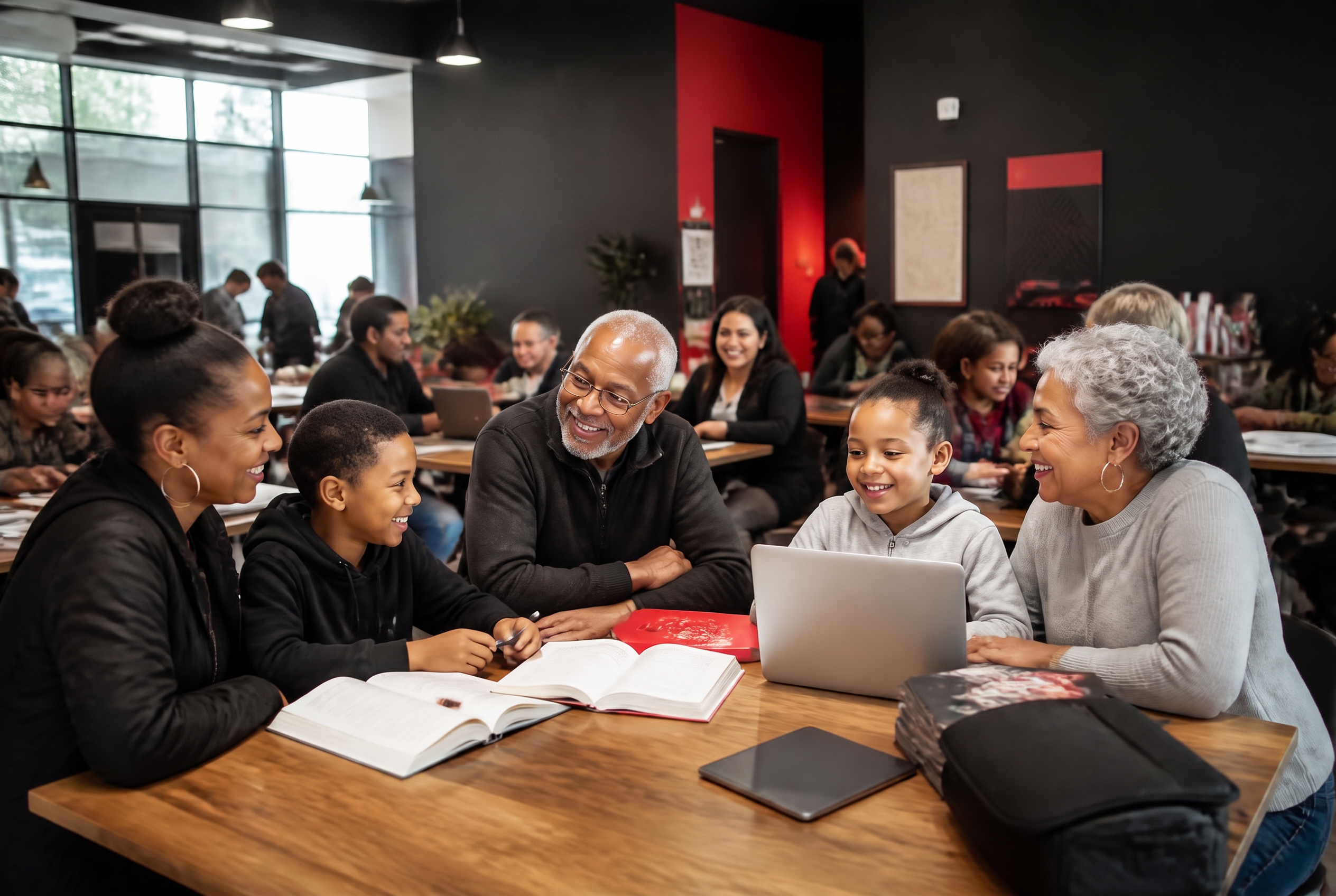 Families of all ages learning and laughing together inside the Kut Different Community Learning Center